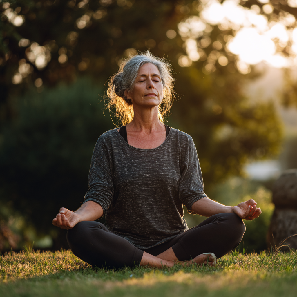 Peaceful woman in her fifties practicing meditation in lotus position outdoors